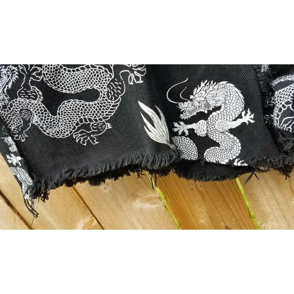 Women's Denim Shorts Size L by Shein Black w/White Dragon Print Frayed